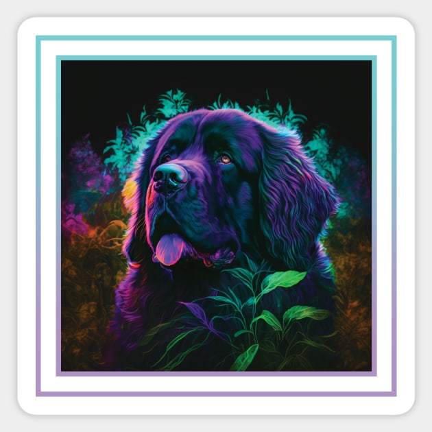 Nifty Newfoundland Dog Floral Vibrant Tropical Digital Oil Painting Pet Portrait Sticker by ArtHouseFlunky